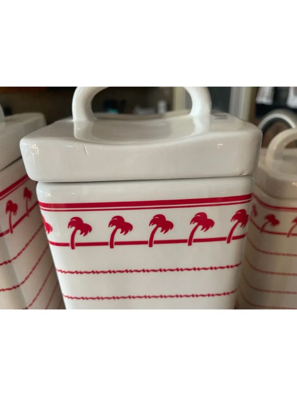 In-N-Out Burger Ceramic Canister Set of 4 With Lids Red White Palm Tree Design